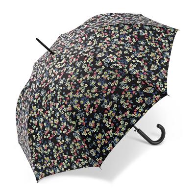 Grand parapluie automatique - Résistant au vent - Avec poignée courbée - Mille fleurs - Noir