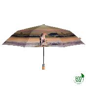 Parapluie pliant et écologique en plastique recyclé et manche en bois - Ouverture automatique - Large protection 96 cm -  Savannah - Beige