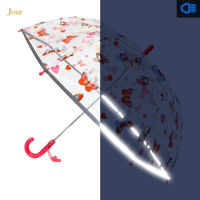 Parapluie cloche transparent enfant - Papillon rose - Coupe-vent - Bordure réfléchissante pour une grande visibilité la nuit - Transparent avec poignée rose