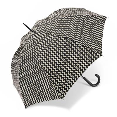 Grand parapluie automatique - Résistant au vent - Avec poignée courbée - Motif ondulés - Noir et blanc